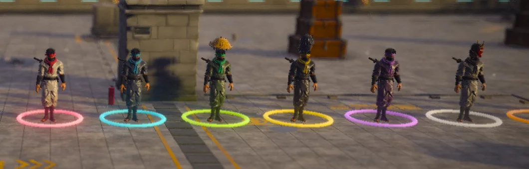 Eight ninjas in their outfits standing in a row on the rooftop