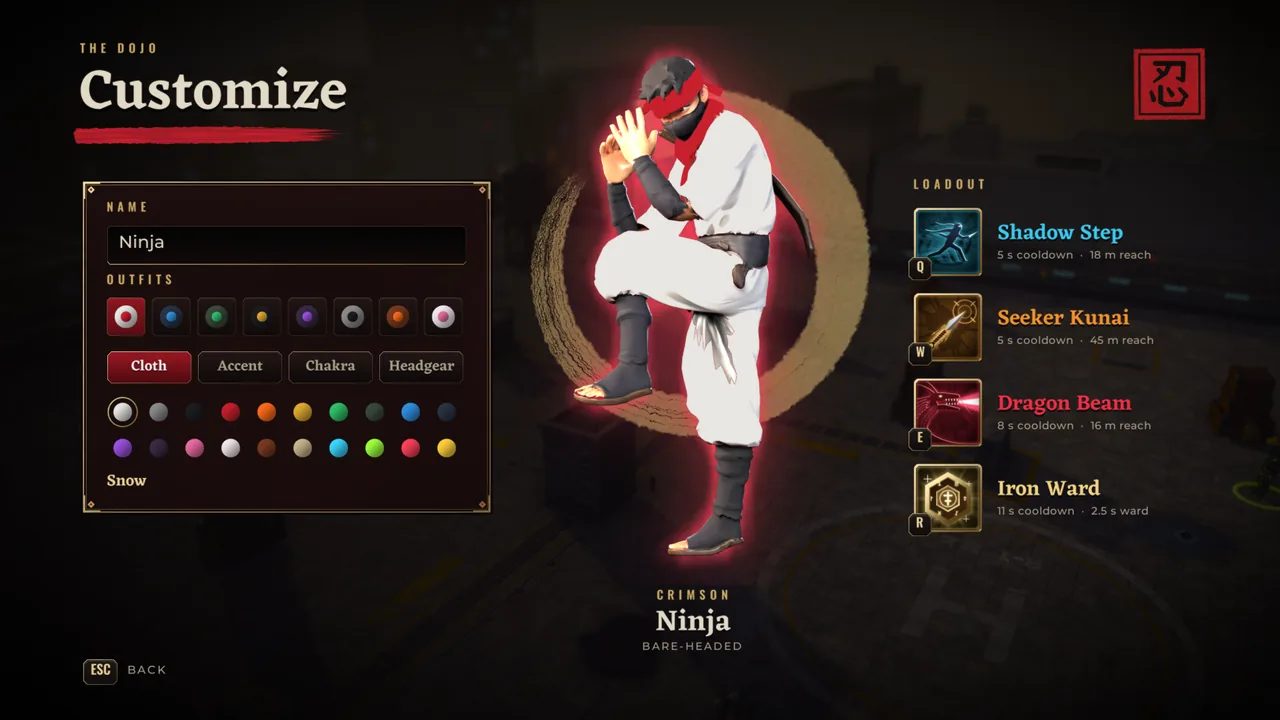 The dojo: name, outfit swatches and headgear beside the ninja portrait