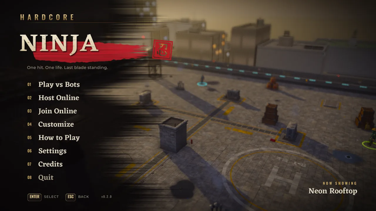 The title screen over the live Neon Rooftop